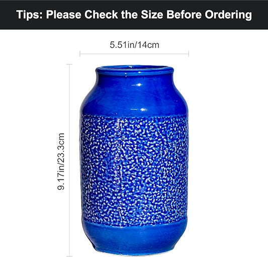 Blue Ceramic Flower Vase - 9 Inch Decorative Vase for Pampas Grass, Modern Texture Vase for Decor, Fireplace, Bathroom, Table, Shelf, Living Room, Kitchen Decor