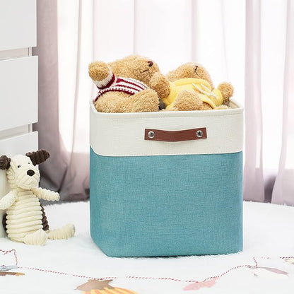 HNZIGE Foldable Storage Cubes & Baskets (3 Pack) - 13 Inch Storage Bin with Leather Handles for Toys, Clothes, Kids, Closet (White & Teal)