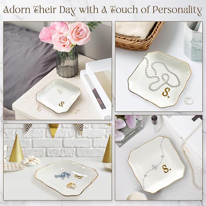 OASSIE Valentines Day Gifts for Her - 4"x4" Initials Ceramic Jewelry Dish Tray Letter S - Engagement Wedding Bridal Shower Gifts for Bride, Bridesmaid Gift, Birthday Gift for Women Teacher Friend