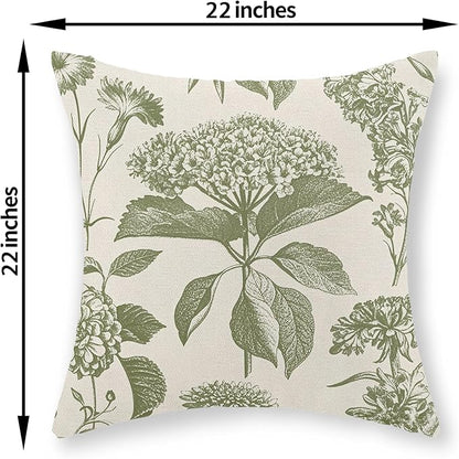 Sage Green Pillow Covers 22x22 Set of 2 Boho Floral Hydrangea Herbs Botanical Throw Pillow Cover Outdoor Decoration Pillow Cases Vintage Flower Linen Cushion Case Decorative for Couch Sofa
