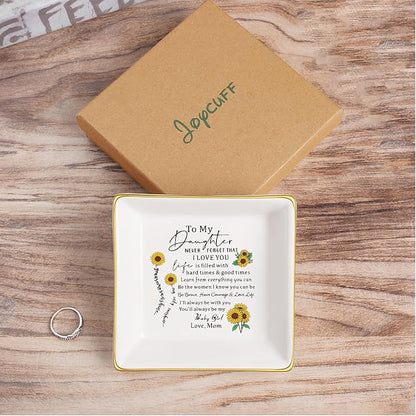 JoycuFF Daughter Gifts from Mom, Birthday Sunflower Jewelry Trinket Dish Tray Unique Gifts for Christmas, Thanksgiving Day