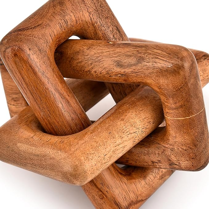 Kimona Tassels Wood Chain Link Decor 3-Link Wood Knot Decor, Hand Carved Decorative Chain Knot Bedroom Entryway Shelf Décor (5" X 5" X 5")