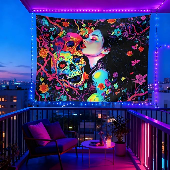 seewan Black Light Skeleton and Girl Tapestry, Glow-in-the-Dark UV Neon Woman Kissing Skeleton Wall Hanging, Psychedelic Life and Death Art Tapestry, Bedroom Dorm Living Room Background Decor