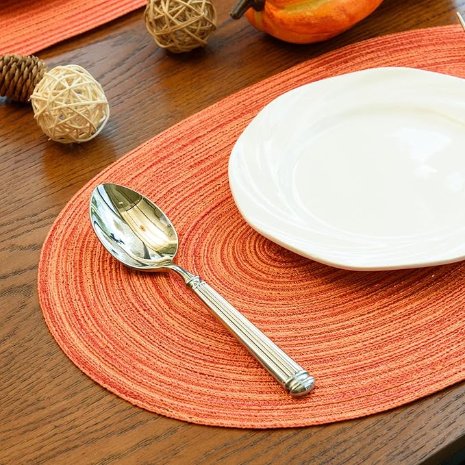 Noctiflorous Oval Braided Placemats Set of 6 Woven 12x18 Inch Non Slip Washable Heat Resistant Place Mats Tablemats for Dining Kitchen Party Daily Table Decor Dinner Mats (Fall Orange, 6)