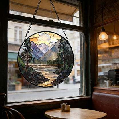 Stained Glass Window Hanging, Sunset Mountains Lake Tree Sun Catcher for Window Home Decor Landscape Suncatcher Mother's Day Birthday Gifts for Women Men Mom and Nana 11.8 in