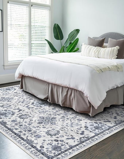 vivorug 6x9 Rug, Stain Resistant Washable Rug for Living Room, Floral Area Rug Vintage Inspired (Ivory/Blue, 6'x9')