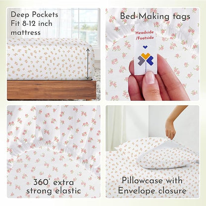 California Design Den Floral Sheet Set Twin XL, 100% Cotton Sheets, Deep Pocket Twin XL Sheets & Pillowcase Set, Soft Sateen Weave - Chic Floral