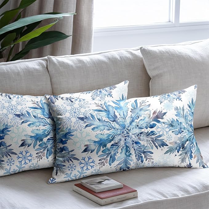 Christmas Pillow Covers 12x20 Set of 2 Decorations Blue White Snowflakes Throw Pillow Covers Decorative Vintage Winter Pillow Case Farmhouse Rustic Pillowcases Cozy Soft for Sofa Bed Chair Home Decor