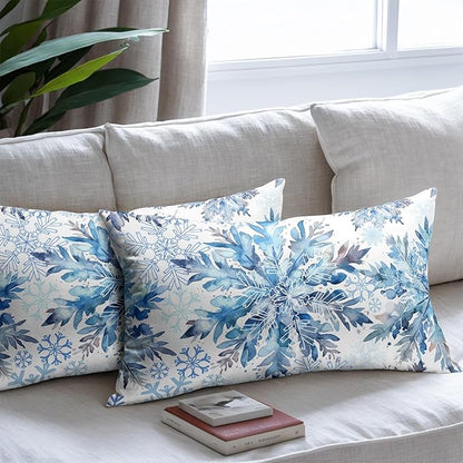 Christmas Pillow Covers 12x20 Set of 2 Decorations Blue White Snowflakes Throw Pillow Covers Decorative Vintage Winter Pillow Case Farmhouse Rustic Pillowcases Cozy Soft for Sofa Bed Chair Home Decor