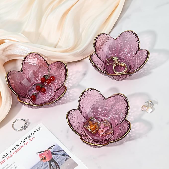 Koythin 3-Piece Glass Jewelry Tray, Small Trinket Holder for Necklace Bracelet Earring, Ring Holders for Bathroom, Aesthetic Trinket Dish, Flower Nightstand Decor for Girl Mom (Purple)