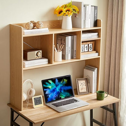 Desktop Bookshelf, Wooden Desk Storage Hutch with 6 Shelves for Computer Desk, 3-Tier Desktop Display Organizer Rack for Office Home (Natural)
