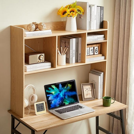 Desktop Bookshelf, Wooden Desk Storage Hutch with 6 Shelves for Computer Desk, 3-Tier Desktop Display Organizer Rack for Office Home (Natural)