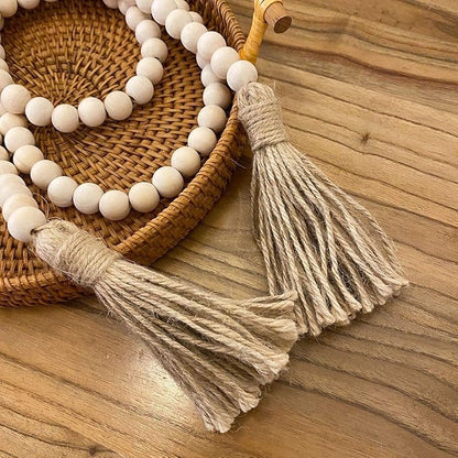 Farmhouse Beads 58in Wood Bead Garland with Tassels Rustic Country Decor Prayer Boho Beads Big Wall Hanging Decor