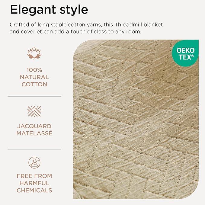 Threadmill Luxury Cotton Blankets for Twin Size Bed | All-Season 100% Cotton Twin Blanket for Bed | Criss Cross Jacquard Lightweight, Soft & Cozy Coverlet, 350GSM, 68 x 90 inches | Beige