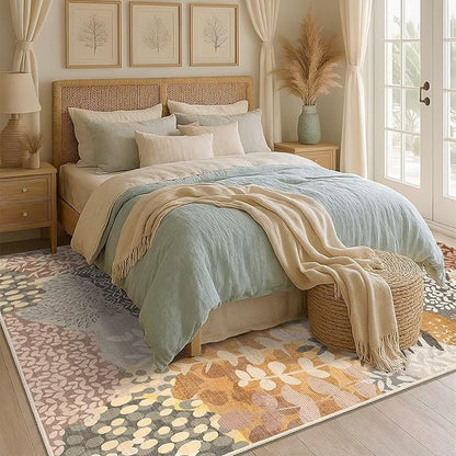 DEXDE Fall Washable Area Rugs 6x9 for Living Room, Floral Large Rug Boho Print Vintage Low Pile Non Slip Carpet for Bedroom Kids Room Nursery Office Dinning Room,Camel