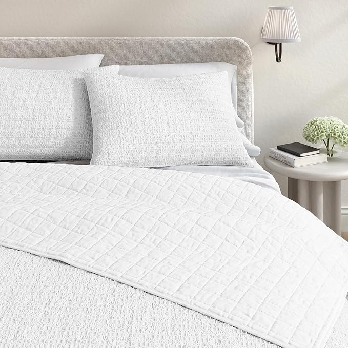 Great Bay Home King Size White 100% Cotton Honeycomb Waffle Quilt and Sham Set - Garment Washed, Waffle Weave Like Texture, Lightweight 3-Piece Bedding Set