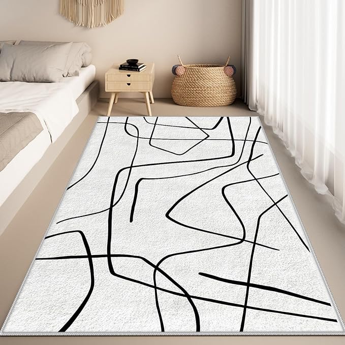 Black and White Rug - Abstract Area Rug, Black and White Rugs for Living Room, Modern Door Mat, Minimalist Washable Rugs, Contemporary Carpet Non Slip Home Decor, Curve 2x3