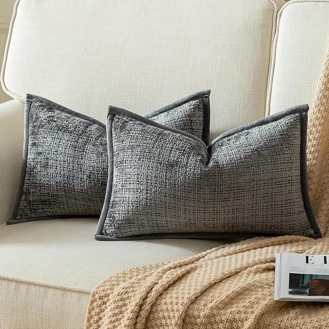 Yaertun Pack of 2 Chenille Textured Decorative Throw Pillow Covers Accent Solid Cushion Cover Soft Cozy Pillow Case with Velvet Back for Couch Sofa Bed Living Room 12x20 Inch Grey