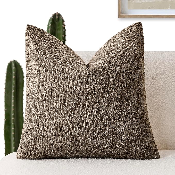 Foindtower Decorative Textured Boucle Throw Pillow Covers Accent Solid Pillow Cases Neutral Soft Cozy Couch Cushion Case for Chair Sofa Bedroom Living Room Home Decor 16x16 Inch,1PC,Light Brown