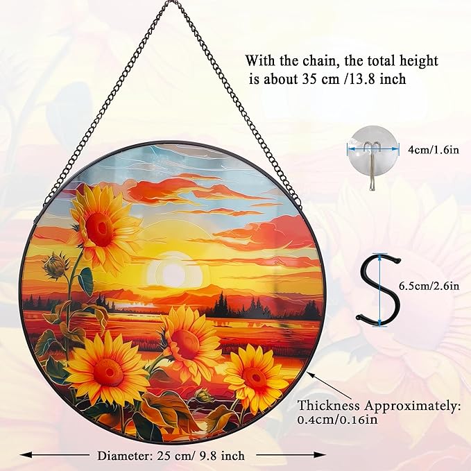 Sunflower Suncatcher Hanging Stained Glass Window Decor, Sunset Sun Catcher Wall Decor for Flower Lovers, Birthday Christmas Thanksgiving Sunflower Gift (25cm/9.8'')