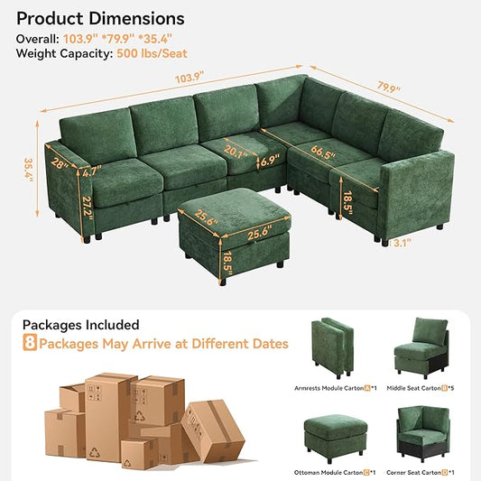 104'' V Shaped Modular Sofa, Sectional Couch with Storage for Living Room, Modern 7 Seater Cloud Sectional Couch with Movable Ottoman, Chenille Dark Green