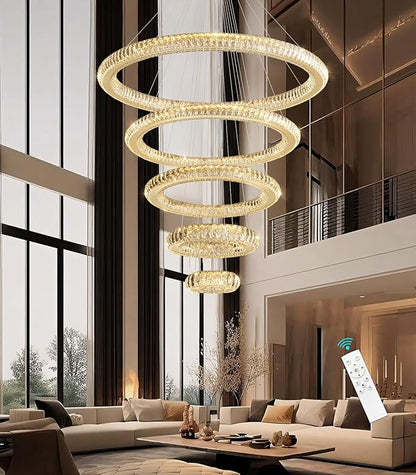 Modern Chandelier 8"+16"+24"+32"+40" 5 Rings Crystal LED Dimmable Lighting Foyer Entryway High Ceiling Living Room Chanderliers Pendant Lights Fixtures Gold Light