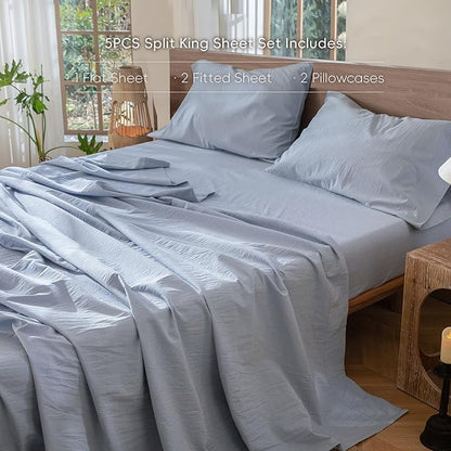 MooMee Bedding Sheet Set 100% Washed Cotton Linen Like Textured Breathable Durable Soft Comfy (Heathered Cornflower Blue, Split King)