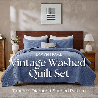 DOWN HOME King Quilt Set with Shams Lightweight Quilted Bedspread Coverlet Thin Comforter Bed Cover Vintage Washed Quilted Blanket for All Season, Brushed Microfiber Diamond Stitching, Blue, 104"x92"