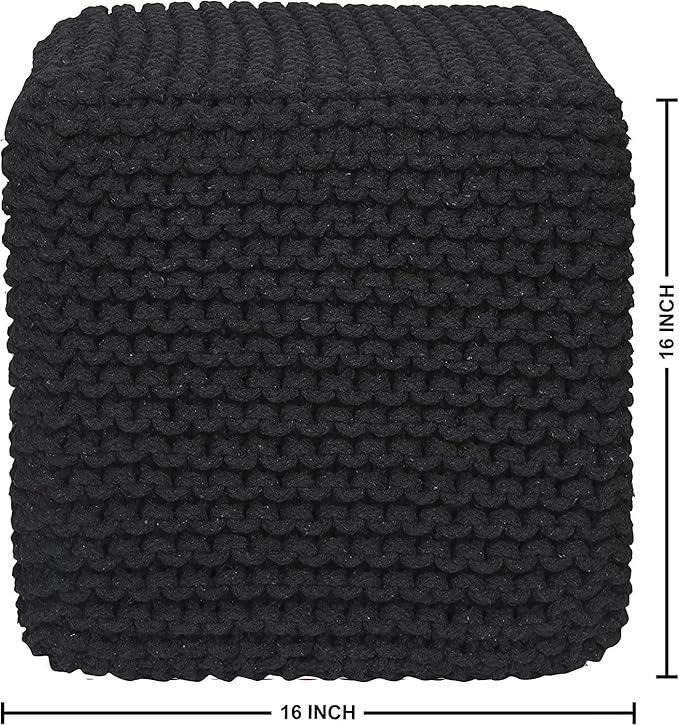 REDEARTH · Cube Pouf Foot Stool Ottoman - Hand Knitted Poof - Cord Boho Pouffe - Home Décor - Stuffed Footrest for Living Room - Bedroom - Covered Patio (16" x 16" x 16") - Black, Set of 2