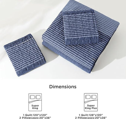 Litanika Oversized King Quilt Set Sapphire Blue, 128x120 Stripe Bedspread Coverlet 3 Pieces, Sapphire Blue Lightweight Quilted Bedding Set for All Season(Super King Plus-1 Quilt, 2 Pillowcases)