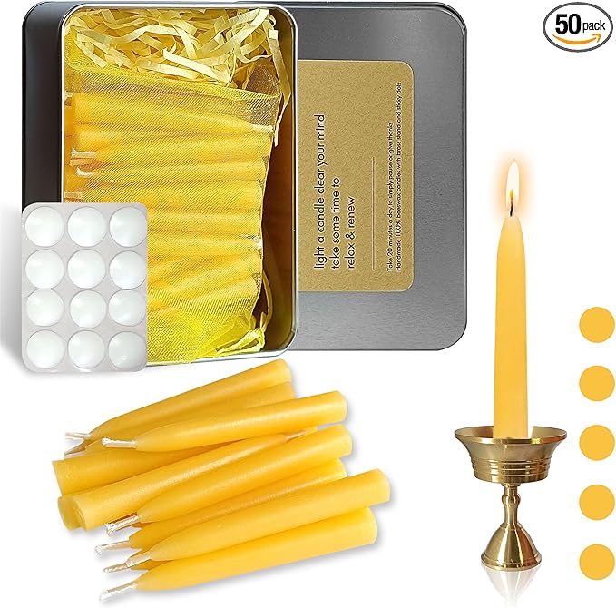 Luxury Beeswax Meditation Candles 20 Min – Mini Pure Beeswax Taper Candles with Brass Holder, Dripless 20 Minute Prayer Candles for Yoga Easter Saint Patrick’s Day, Wedding & Mother’s Day