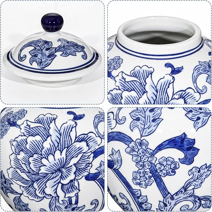 Blue and White Vase Ginger Jar - 8.7" Chinoiserie Decor Ginger Jar Blue & White Porcelain Flowers Ceramic Covered Jars with Lid Chinoiserie Decorative Vase for Home Room Office Tabletop Centerpieces