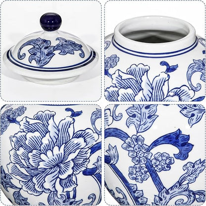 Blue and White Vase Ginger Jar - 8.7" Chinoiserie Decor Ginger Jar Blue & White Porcelain Flowers Ceramic Covered Jars with Lid Chinoiserie Decorative Vase for Home Room Office Tabletop Centerpieces