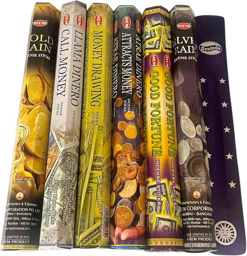 Hem Incense Sticks Variety Pack #-120 Insence-Sticks (6 Incents x 20 Insense) + Incense Stick Holder Bundle with 6 Themed Fragrances (Money)