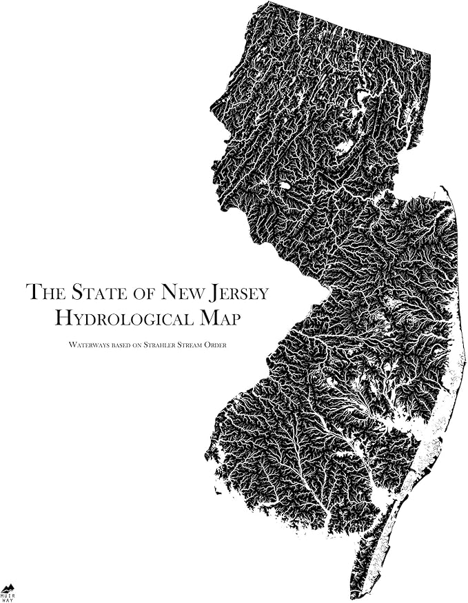 Muir Way Hydrological River Map of New Jersey - Watershed Topographic Wall Art for Home, Office, or Travel Decor - Unframed Flat Paper Print, 24x30
