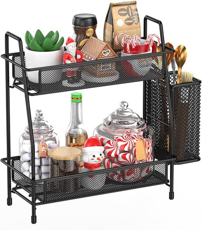 2-Tier Bathroom Counter Organizer, Bathroom Organizer Countertop with Side Basket, Kitchen Countertop Organizer, Metal Spice Rack Organizer, BLACK..