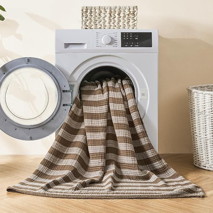 EMME Cotton Muslin Large Throw Blanket Couch Breathable Gauze Soft Lightweight Bed Blankets Adults (Striped Brown, 50"x70")