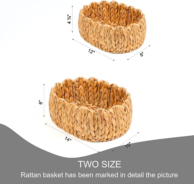 Set of 2 Small Wicker Storage Basket, Oval Water Hyacinth Baskets for Organizing, Scalloped Edge Rattan Basket for Shelf Organizer, Nursery Room