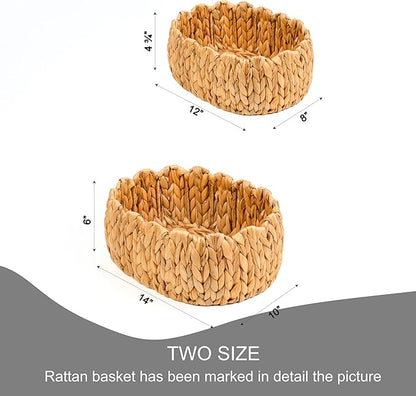 Set of 2 Small Wicker Storage Basket, Oval Water Hyacinth Baskets for Organizing, Scalloped Edge Rattan Basket for Shelf Organizer, Nursery Room