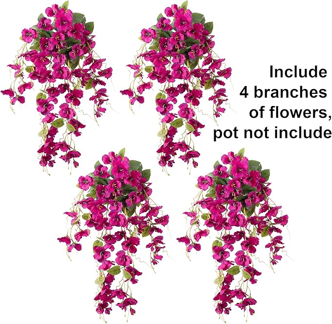Fake Hibiscus Artificial Hanging Flowers Plants for Outdoors Spring Decoration, 4pcs Silk Hibiscus Vines Realistic UV Resistant Faux Flowers for Outside Planter Porch Patio Yard Wedding Party, Fuchsia