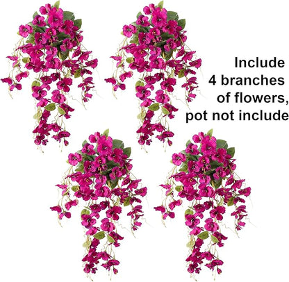 Fake Hibiscus Artificial Hanging Flowers Plants for Outdoors Spring Decoration, 4pcs Silk Hibiscus Vines Realistic UV Resistant Faux Flowers for Outside Planter Porch Patio Yard Wedding Party, Fuchsia