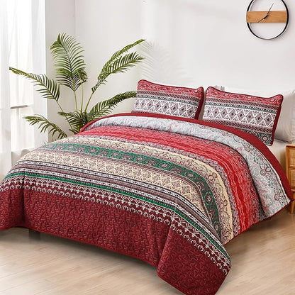 WONGS BEDDING Boho King Quilt Set, Red Bohemian Quilt Bedding Set, Lightweight Bed Decor Bedspread for All Season Reversible Microfiber Coverlet Bedding Set 103"x90"(3 Pieces)