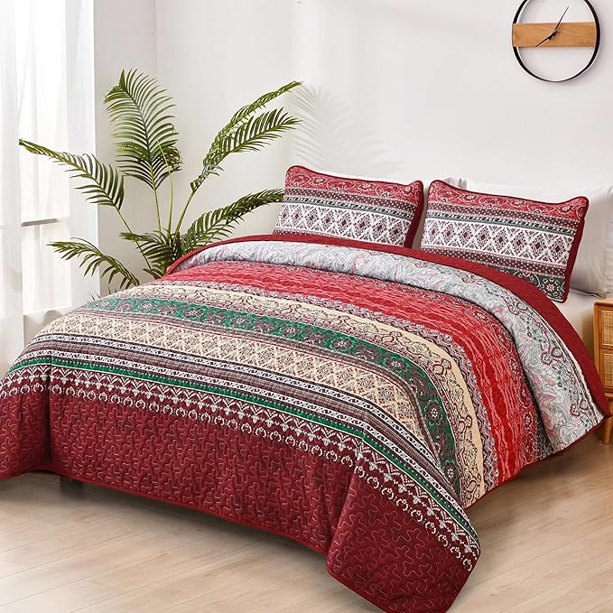 WONGS BEDDING Boho Queen Quilt Set, Red Bohemian Quilt Bedding Set, Lightweight Bed Decor Bedspread for All Season Reversible Microfiber Coverlet Bedding Set 96"x90"(3 Pieces)