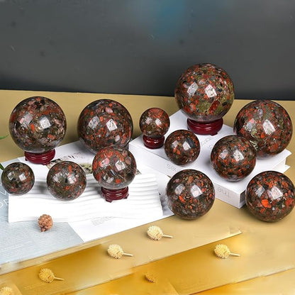 JIC Gem Natural Brazilian Red Agate Crystal Ball with Wood Stand Gemstone Sphere Healing Energy Mineral Gemstone Balls for Reiki Chakra Decoration Fengshui (60-70mm)
