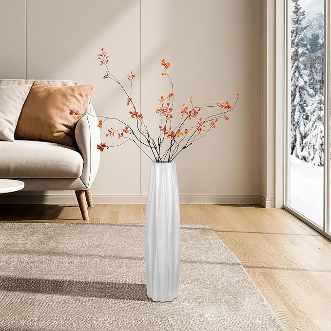 White Ceramic Floor Vase 17.7" – Origami Farmhouse Porcelain Vase for Living Room & Office Décor