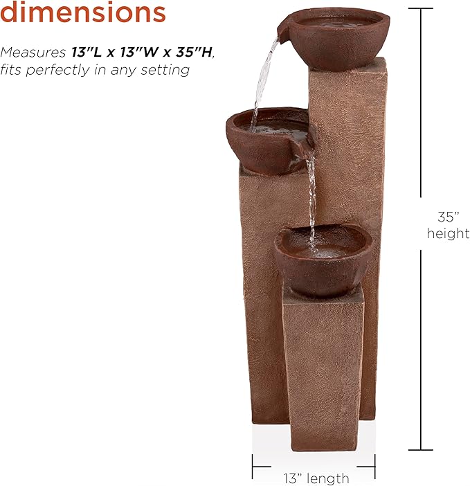 Alpine Corporation ZEN398 35” Outdoor 3-Tiered Modern Pots Water Fountain – Elegant Rustic Floor Fountain for Garden, Patio, Yard, Outdoor Spaces, Relaxing Water Feature, Bronze