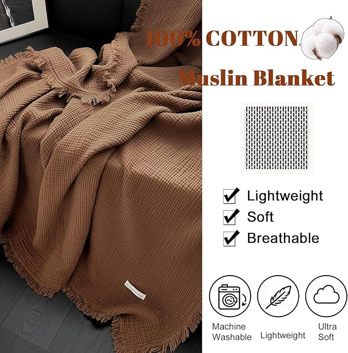MorroMorn 100% Cotton Muslin Blanket with Fringes Twin Size 60"x80", 4-Layer Gauze Blankets for Adults, Boho Bedding Breathable Lightweight Ultra-Soft for Couch Bed All Seasons, Brown