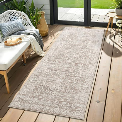 Washable Runner Rug, 2.5'x8' Vintage Kitchen Runners Non-Slip Foldable Hallway Runner Rug for Entryway, Laundry, Bedroom, Light Brown