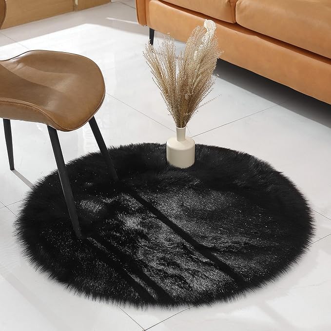 Faux Fur Rug Sheepskin Shag Fluffy Fuzzy Black 3x3 ft Rugs for Bedroom Bedside Bed Floor Living Room Plush Round High-Density Cushion Carpet Super Sofa Cover