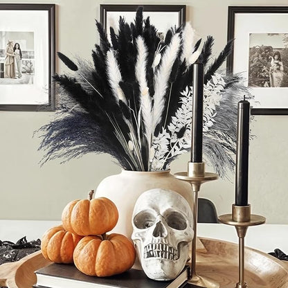 102PCS Black Pampas Grass Decor, Grey White Natural Dried Pampas Grass Bulk, Boho Home Decor Bouquet, Black and White Dried Flowers Decor, Wedding Floral Arrangements Table Vases Modern Decorations